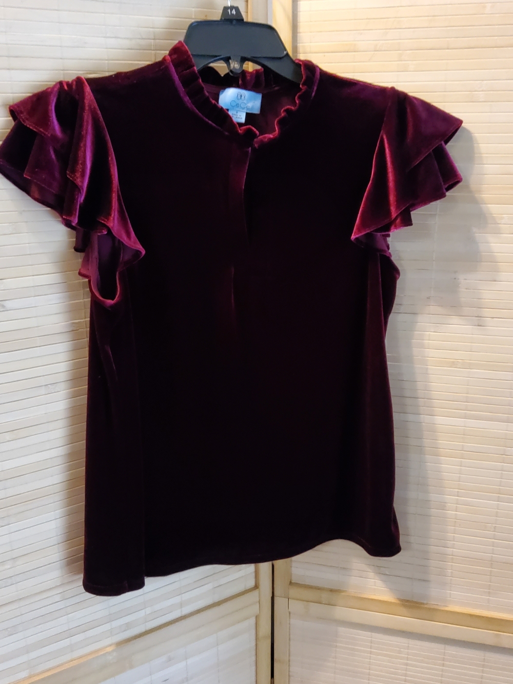 CeCe Burgundy Velvet Ruffle Sleeve Blouse